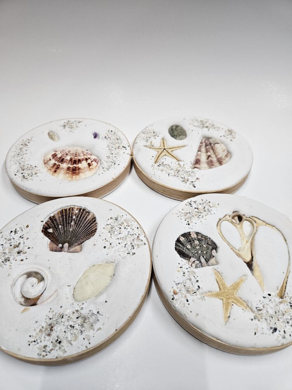 4 Beach Coasters Coastal Decor Seashells Sand Sea Glass 4.25” Round Cork Back